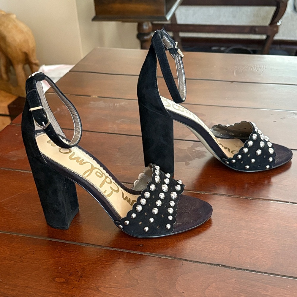 Sam Edelman Black Silver Studded Open Toe Block Heels Sz 5.5
